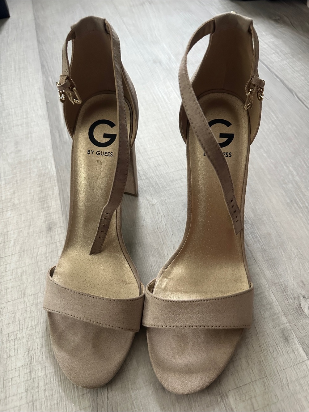GUESS Nude/Tan Suede Ankle-Strap Block Heels